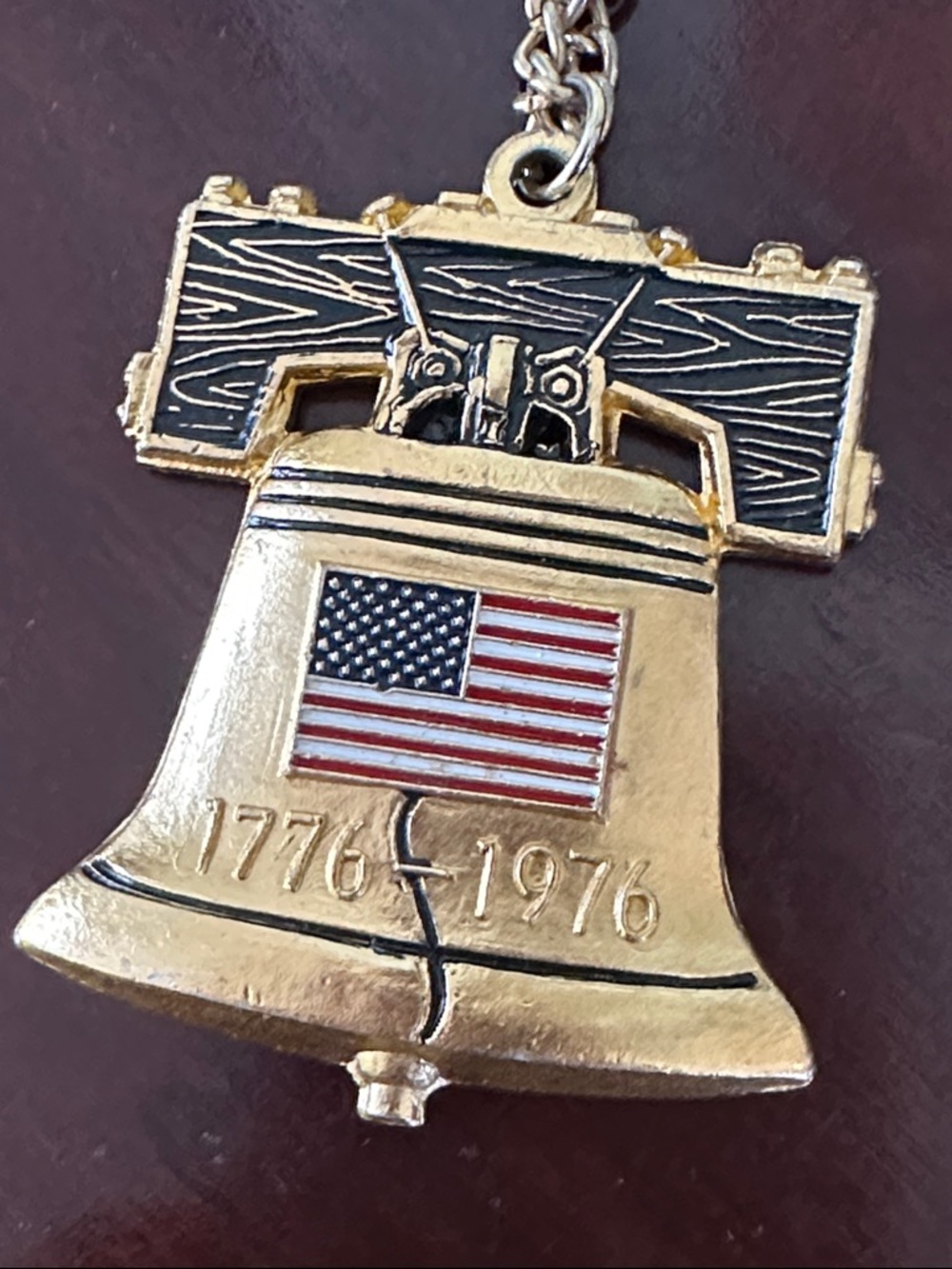 Vintage 1976 Bicentennial‎ Liberty Bell American Flag Gold Tone Necklace